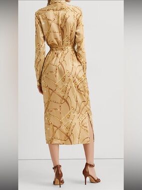 Ralph Lauren Beige Midi Dress with Gold Equestrian Twill Shirtdress